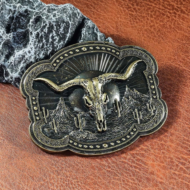 YOQUCOL American Western Cowboy Belt Buckle Bronze Longhorn Bull Head Belt Buckle For Men - Image 4